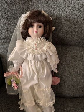 Porcelain Bride Doll in White Lace Outfit